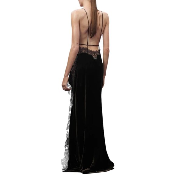 Jen Ceballos x Mango Dress Brown Velvet Black Lace Trim Maxi Long Wedding Guest - Picture 4 of 16